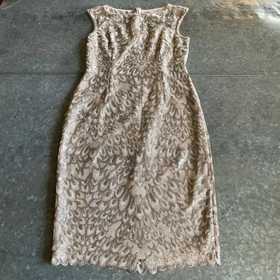 Adrianna Papell Midi Sequin Dress Sz 6 Nude Tan Beige Silver Sleeveless Feather - Image 1 of 4