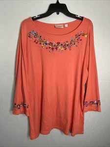 QUACKER FACTORY Women's 2X Dark Coral Embroidered 3/4 Sleeve Top Pristine - Picture 1 of 10