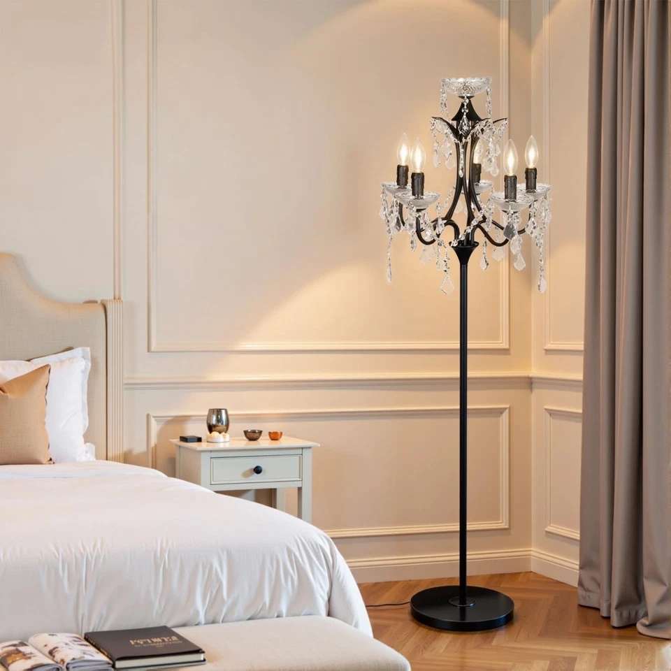 Lámpara de pie moderna de cristal de 5 luces con acabado negro, regulable, emparejada con foo... Foto 1 de 4