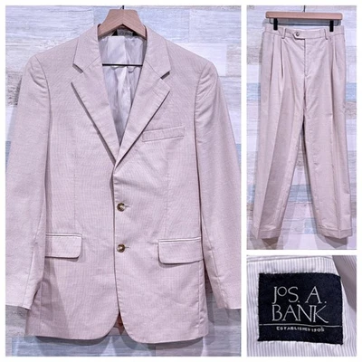 Jos A Bank Cotton Wool Blend Summer Suit Beige Mens 38S 32W Pleated Pants - Image 1 of 4