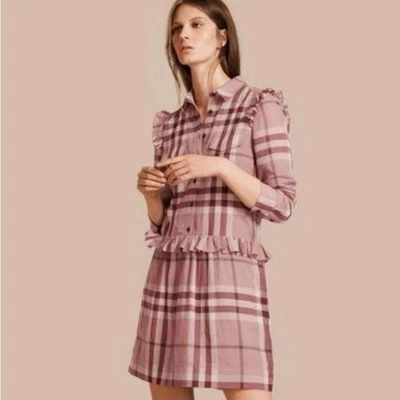 Burberry London Ruffle Detail Cotton Nova Check Antique Pink Shirt Dress Us 12 - Image 1 of 4