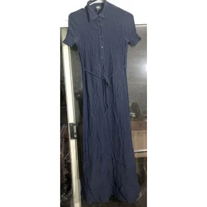 DKNY Navy Blue Midi Dress, Short Sleeve Faux Wrap, Collared Button Dress Size 10 - Picture 1 of 10