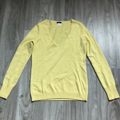 Suéter feminino J Crew pequeno amarelo lã manga longa gola V malha fina pulôver - Imagem 1 de 4
