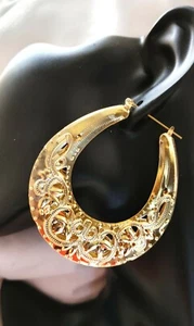 OVAL HOOP EARRINGS FILIGREE HOOP EARRINGS GOLD TONE 3 INCH  - Picture 1 of 3