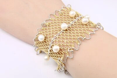 WIDE 18k Yellow Gold and White Gold Pearl Cuff Mesh Bead Bracelet - Image 1 of 4