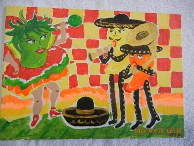 Оригинальная картина 5 x 7 Hot chilis mariachis танцы мексиканская шляпа туба - Изображение 1 из 4