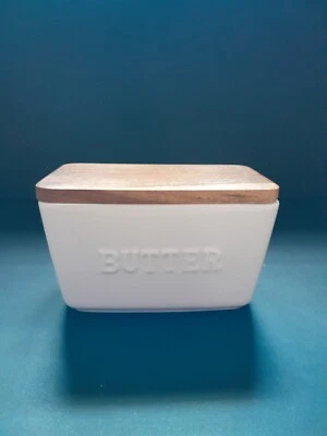 Better Homes & Gardens- White and Acacia Wood Porcelain Embossed Butter Dish - Image 1 of 3