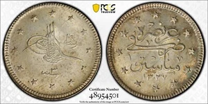 TURKEY - OTTOMAN , 2 KURUSH MOHAMED V 1327/3 AH MANASTIR ( S ) PCGS MS 63 , RARE - Picture 1 of 1