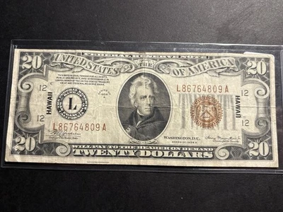 1934-A $20 Federal Reserve Note, Hawaii WWII Emergency Issue — Circulated  - Image 1 of 4