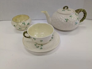 Vintage Belleek Shamrock Basketweave Teapot Cream Sugar 2nd Green Mark 1955-65 - Picture 1 of 15