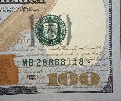 $100 Bill Star Note 28888118 Crazy 8s Five-Of-A-Kind TRINARY Fancy Serial UNCIRC - Image 1 of 3