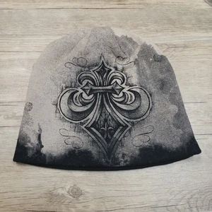 Affliction Hat Cap Beanie Mens Black Gray Reversible Graphic Stretch Skull Cross - Picture 1 of 6