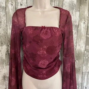 Romwe maroon floral squaire neck bell sleeve fairy top M - Picture 1 of 6