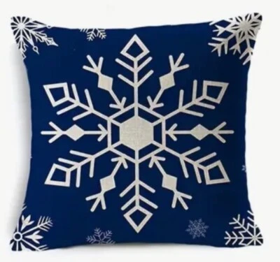 Blue & Ivory Snowflakes Christmas Throw Pillow Cover 18” Holiday Winter Decor - Image 1 of 4