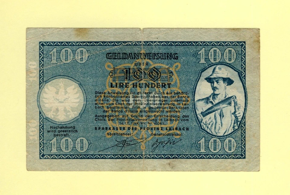 ESLOVENIA LAIBACH YUGOSLAVIA 100 LIRAS 1944 P-R7 F++ SERIE: MUY RARO Foto 1 de 2