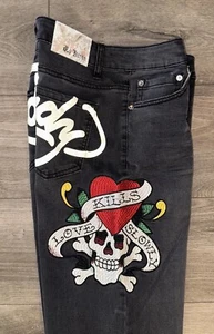 NWT Ed Hardy Embroidered Big Tattoo Print Wide Leg Black Denim Jeans Womens 28 - Picture 1 of 19