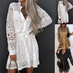 Damen Spitze Langarm Urlaubkleid Minikleid Knopf Hemdkleid Freizeitkleid A-Linie - Bild 1 von 13