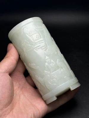 Exquisitas figuras de paisaje hechas a mano chinas talladas jade hetiano cepillo maceta Foto 1 de 4