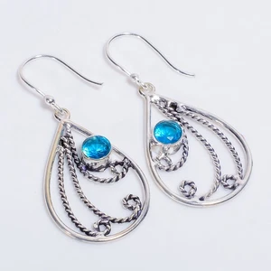 Swiss Blue Topaz Gemstone Vintage Handmade 925 Sterling Silver Earrings 2" j052 - Picture 1 of 5