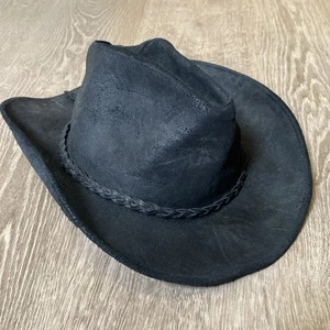 Vtg Genuine Leather Black Cowboy Western Rancher Hat Sz Large Made In USA - Picture 1 of 7