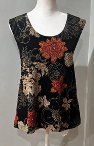 Chico's Design V Neck Floral Black/Orange Classic Sleeveless Top Chicos Sizing 2 - Picture 1 of 4