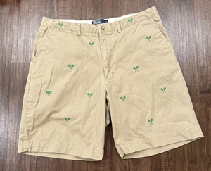 Polo Ralph Lauren Shorts Mens 36 Khaki All Over Embroidered Green Tennis Racket - Picture 1 of 4
