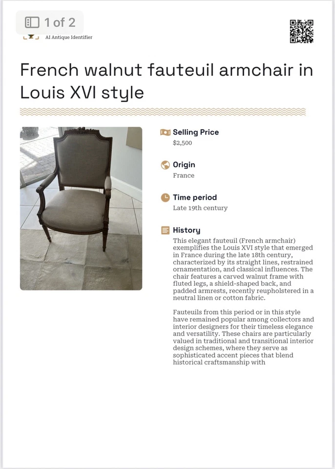 Sillón fauteuil francés de nogal estilo Luis XVI Foto 1 de 1