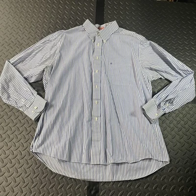 Camisa masculina IZOD XL azul branca listrada botão para baixo fácil cuidado algodão - Imagem 1 de 4