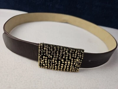 COLDWATER CREEK Brown Leather Belt Brass Textured Gold Large Buckle  Sz Large - Image 1 of 4