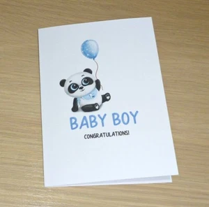 Baby Boy Card - cute panda bear with balloon - blue - cute handmade card - Picture 1 of 3