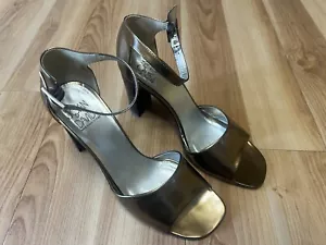 Joan & David Deep Gold Leather Wide Strap Open Toe Sandals Mid Heel Size US 6.5M - Picture 1 of 7
