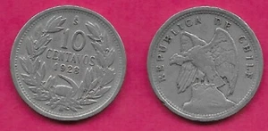 CHILE 10 CENTAVOS 1928 XF DEFIANT CONDOR ON ROCK LEFT,NO O.ROTY AT BOTTOM,DENOMI - Picture 1 of 1