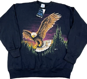 Vintage Nature Sweatshirt Men Large Black CrewNeck Sweater 90s Eagle Wrap Around - Picture 1 of 15