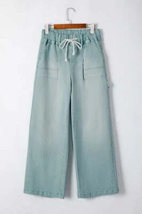 Smoke Green Mineral Wash Drawstring High Waist Wide Leg Jeans - Picture 1 of 7