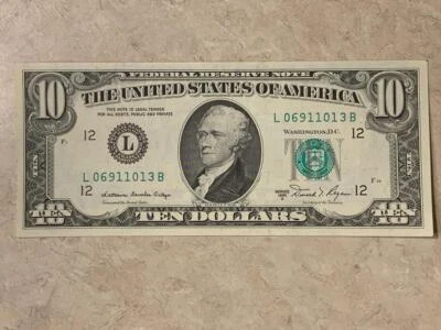 1981 A $10 FRN Boldly Misaligned Reverse ERROR AU+ Condition SKU# 34838 - Image 1 of 4