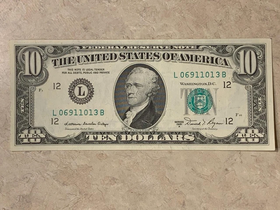 1981 A $10 FRN Boldly Misaligned Reverse ERROR AU+ Condition SKU# 34838 - Image 1 of 4