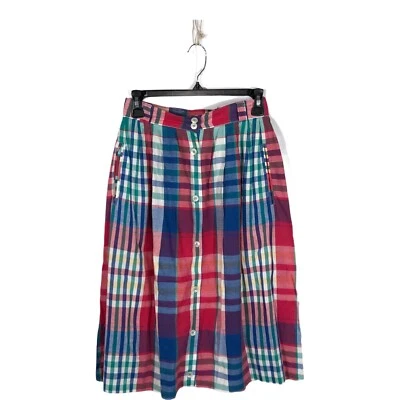 复古 Orvis 女式 8 码多色格子纽扣前 A 字中裙 — 第 1/4 张图片