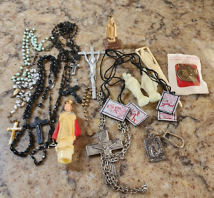 Vintage Religious Medals Rosaries Lot Christian Catholic Pendants Crosses Etc