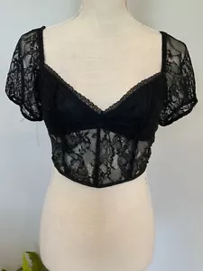 URBAN OUTFITTERS Womens Size Small Black Lace Cap Sleeve V-Neck Cropped Top NEW - Picture 1 of 5
