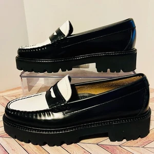 G.H. Bass Weejuns Whitney Super Lug Sole Black White Womens 5 Penny Loafers - Picture 1 of 8