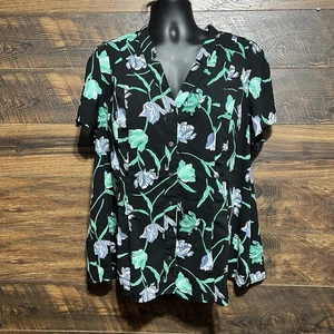 Croft & Barrow Bluse Damen 2X Plus Schwarz Blumen Kurzarm Knopf Tropical - Bild 1 von 14