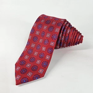 Cravatta Ted Baker London rossa blu medaglione ricamato slim geometrica 100% seta - Foto 1 di 10