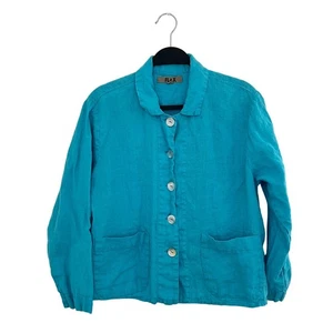 FLAX 100% Linen Jacket Turquoise Blue Button Front Pockets Women's Small S - Picture 1 of 7