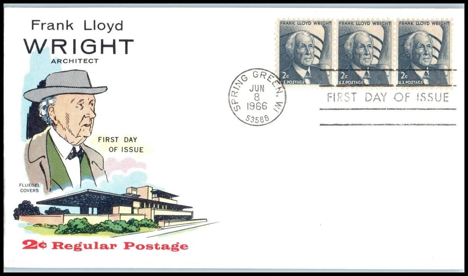 1966 Frank Lloyd Wright architect 2c Sc 1280 FDC with classic Fluegel cachet UA - Image 1 of 1