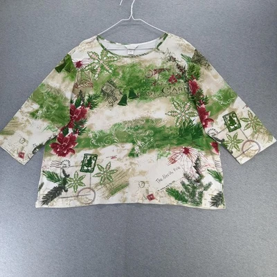 C.J. Camisa Banks Mujer 2X Verde Rojo Navidad Vacaciones Poinsettia Manga 3/4 Foto 1 de 4