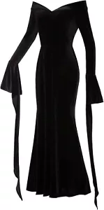 Adult Long Black Dress for Halloween Costume Morticia Stretch Velvet Gothic M - Picture 1 of 4