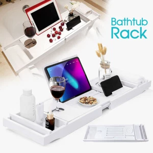 Expandable Bathtub Caddy Tray Bamboo Bath Table Over Tub with Wine & Book Holder - Picture 1 of 15
