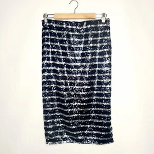Dorothy Perkins Size 12 Black Silver Sequined Knee Length Strech Pencil Skirt - Picture 1 of 9