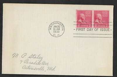 USA 1939 FIRST DAY COVER JOHN ADAMS UNITED STATES POSTAGE COIL PAIR - Image 1 of 2