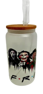 Scary F.R.I.E.N.D.S Horror Movie Character Frosted Glass Tumbler Lid Straw 16 Oz - Picture 1 of 7
